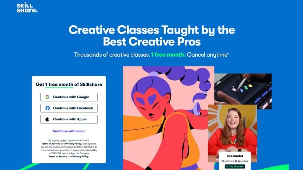 Page d'inscription Skillshare - Alternative créative et abordable à LiveMentor pour formations design
