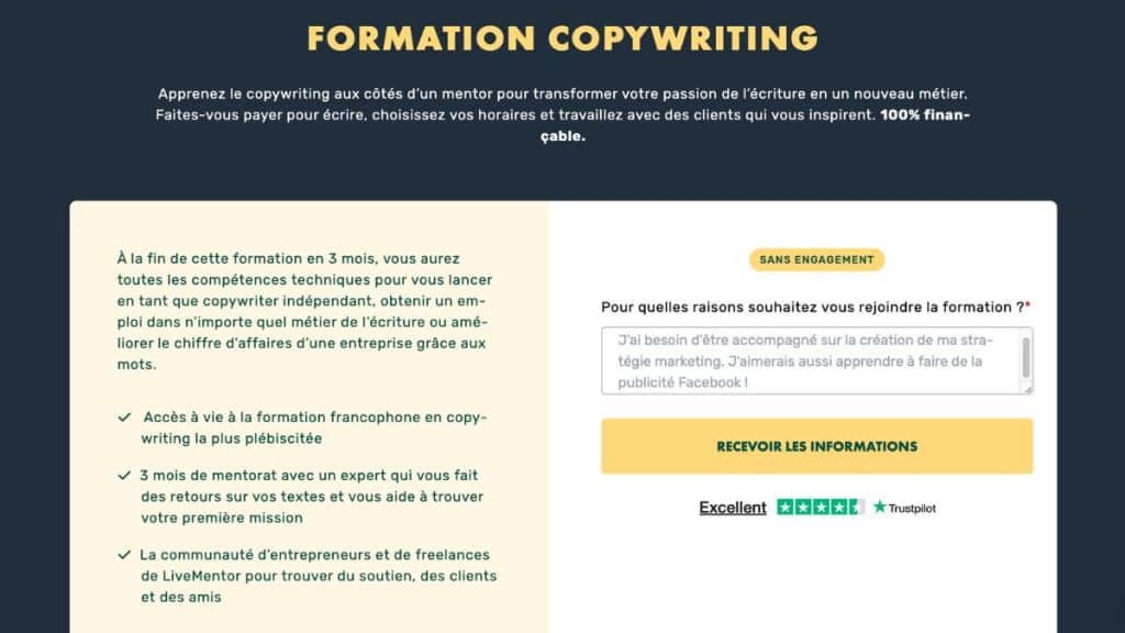 Page d'accueil formation copywriting LiveMentor avec présentation du programme 3 mois et financement CPF
