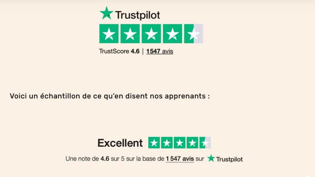 Avis Trustpilot montrant 4.6 étoiles sur 5 avec 1547 évaluations clients