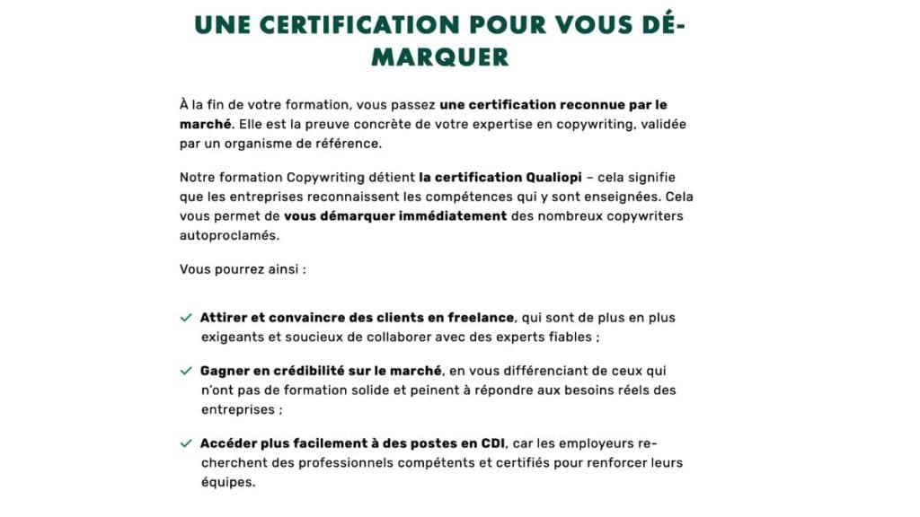 Infographie certification Qualiopi LiveMentor détaillant avantages freelance, crédibilité marché et accès emploi CDI