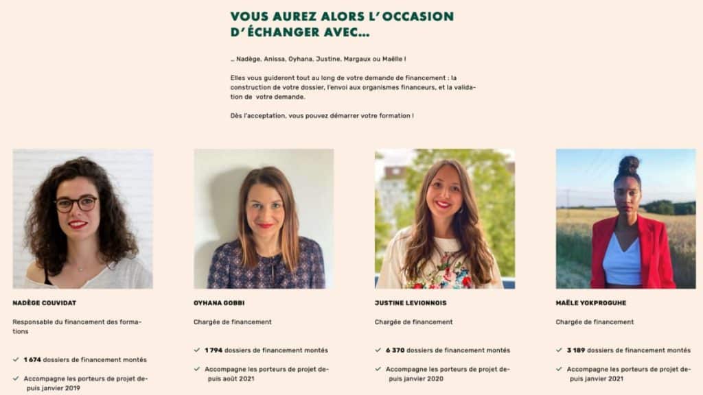 Équipe LiveMentor chargée du financement CPF des formations - Nadège, Oyhana, Justine et Maëlle accompagnent les porteurs de projet