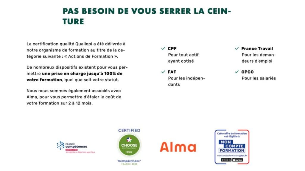 Badges certification Formation LiveMentor : organisme certifié Qualiopi, France Compétences, Weimpact Index, France Num et EdTech France avec note Trustpilot 4.6 étoiles sur 5 basée sur 1547 avis clients et éligibilité financement CPF
