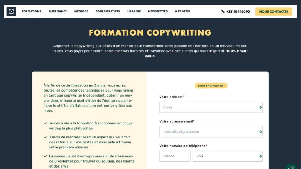 Page officielle de la formation Copywriting LiveMentor, avec présentation du programme et formulaire d’inscription en ligne