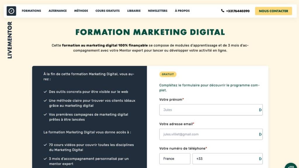 Page officielle de la formation Marketing Digital LiveMentor avec programme détaillé, objectifs pédagogiques et formulaire d’inscription en ligne