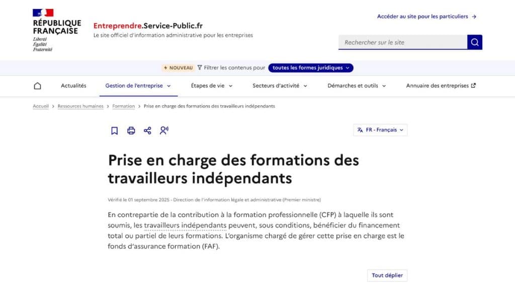 Page officielle service-public.fr expliquant la prise en charge des formations des travailleurs indépendants via le FAF ( livementor prix)