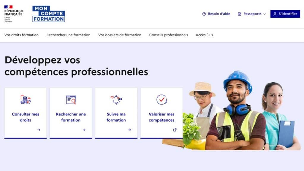 Page d'accueil Mon Compte Formation montrant 4 étapes : consulter mes droits, rechercher une formation, suivre ma formation, valoriser mes compétences.