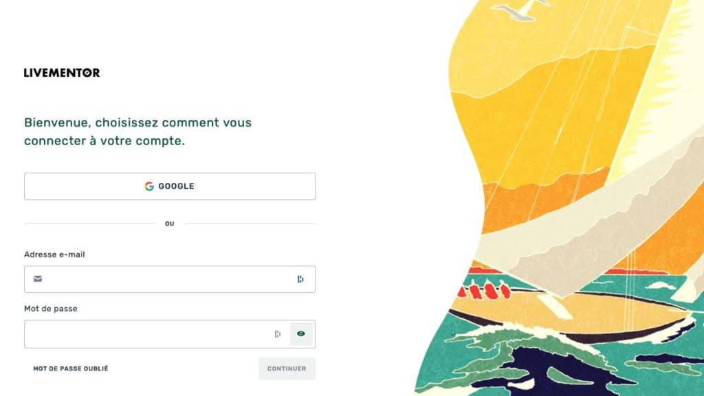 Page de connexion LiveMentor avec formulaire de login, champs email et mot de passe, bouton Google et lien mot de passe oublié sur fond coloré