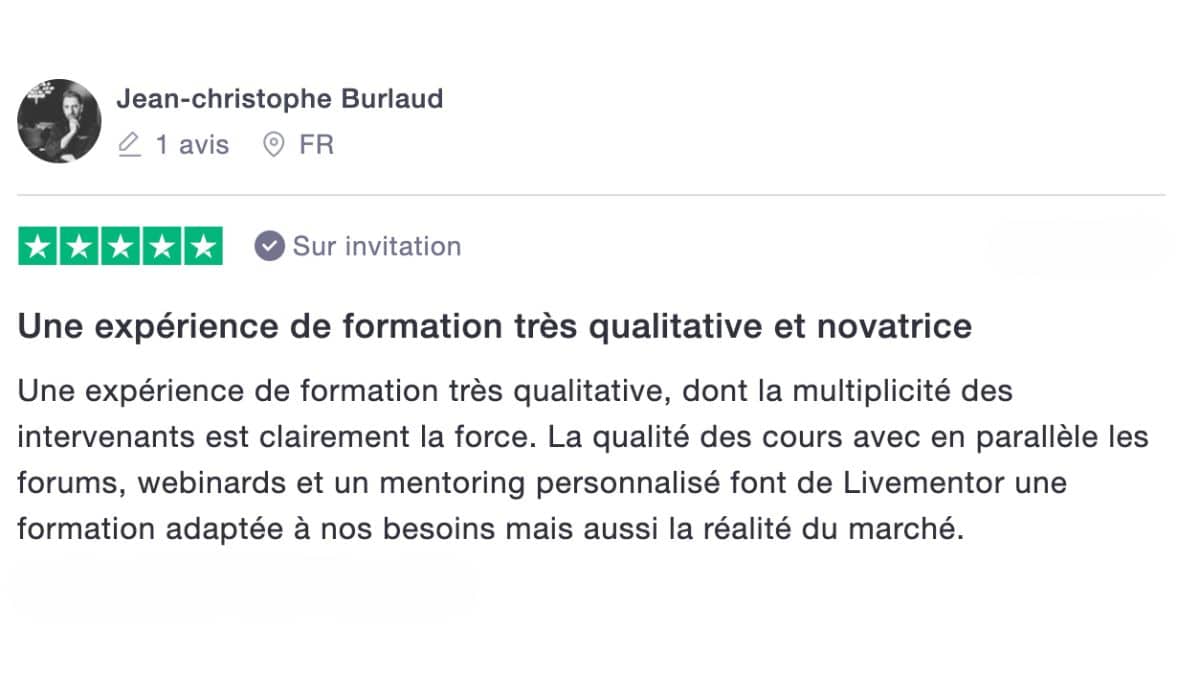 Témoignage positif d'entrepreneur LiveMentor - transformation business après formation gratuite