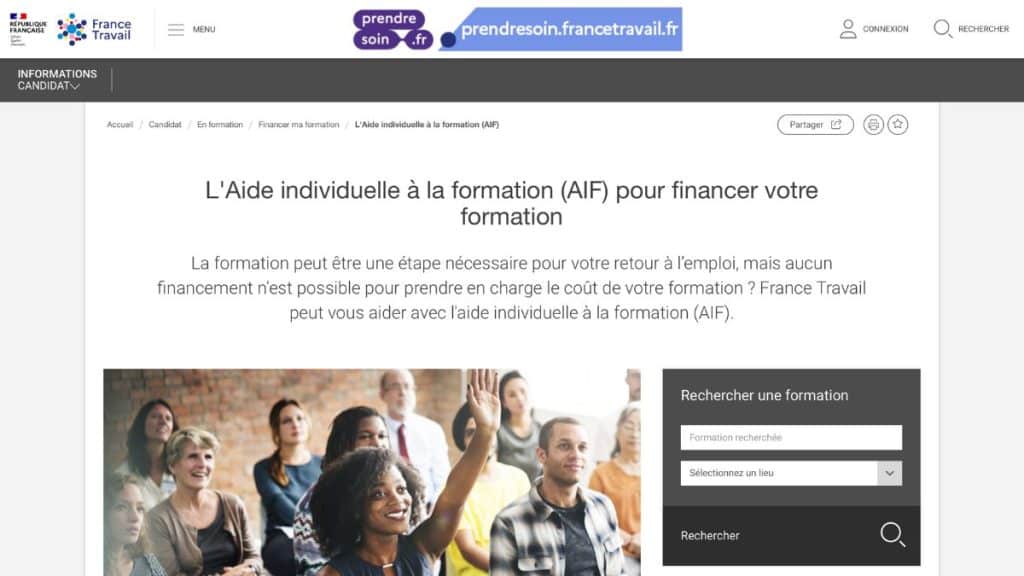 Page officielle France Travail détaillant l'Aide Individuelle à la Formation AIF pour financer sa formation professionnelle