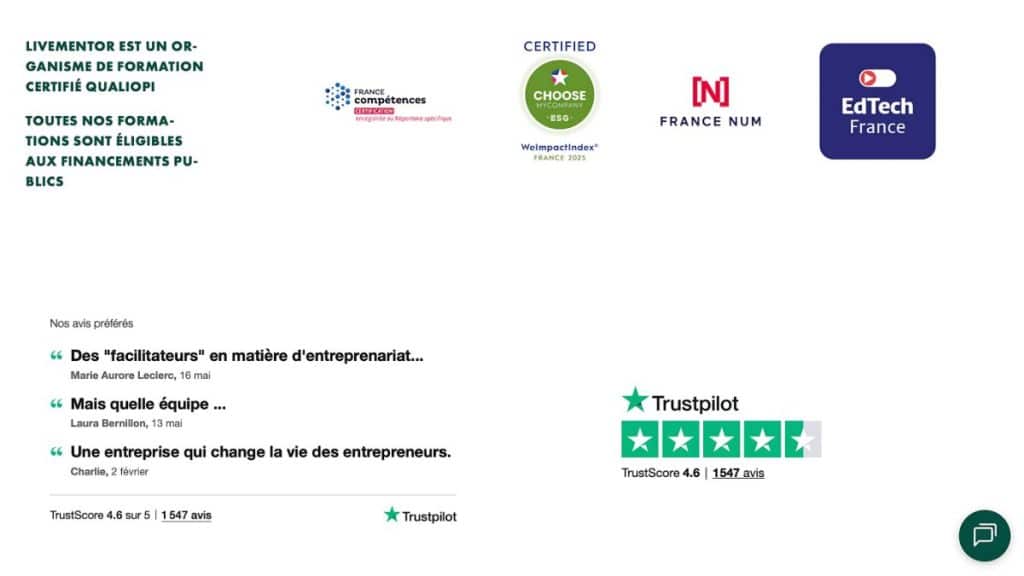 Livementor : Certifications Qualiopi et accessibles via CPF, Pôle Emploi, ou FAF