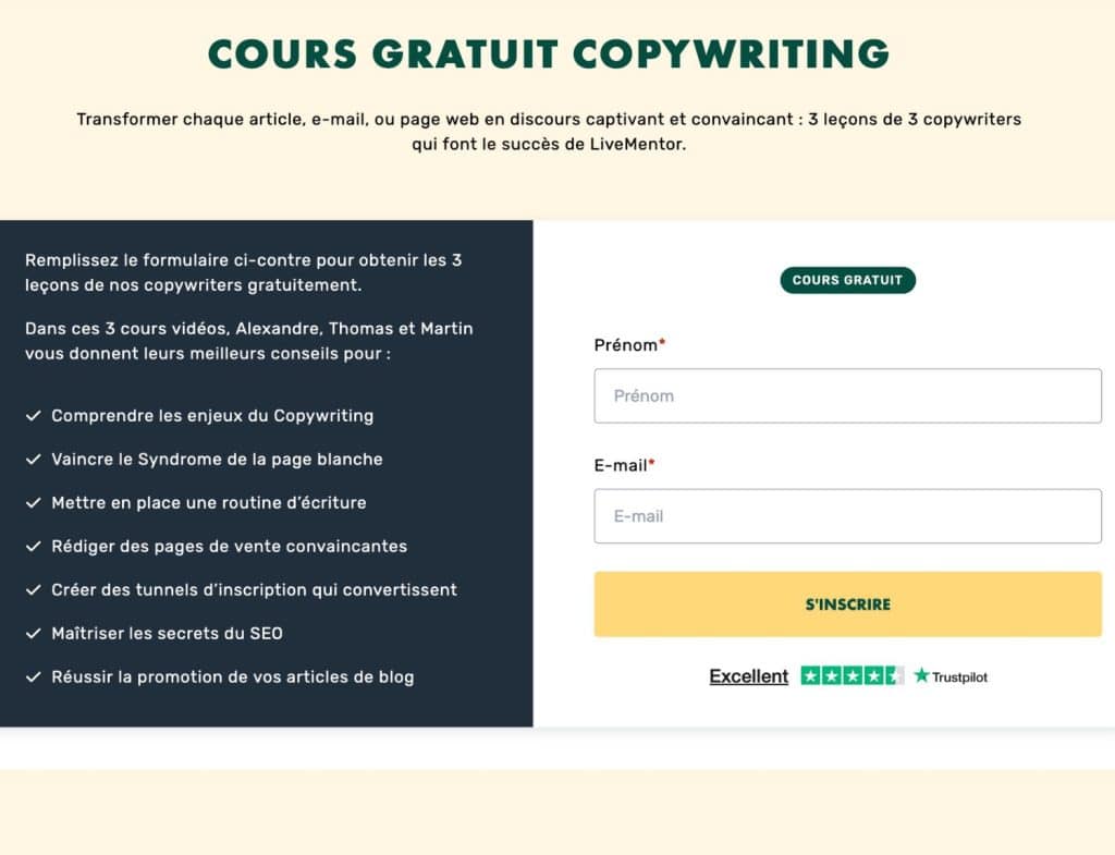 Meilleure formation copywriting gratuite : LiveMentor