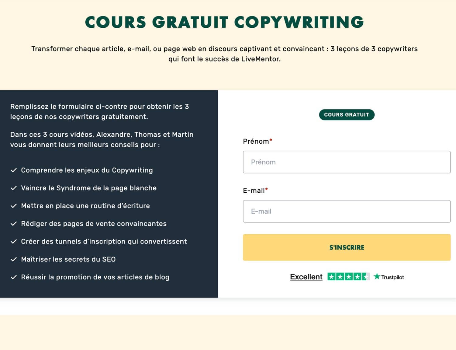 Cours copywriting gratuit LiveMentor - maîtriser l'écriture persuasive et pages de vente