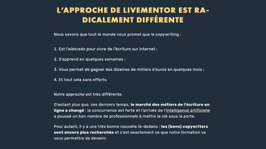 Présentation différenciateur LiveMentor contre promesses irréalistes formations copywriting concurrentes"