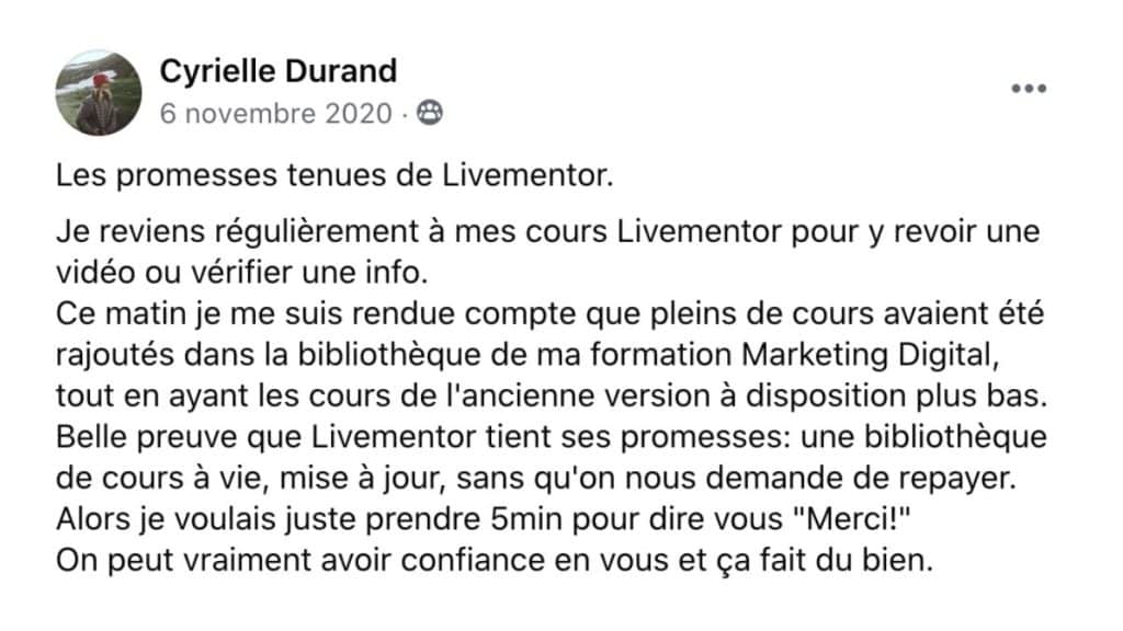 Témoignage Cyrielle Durand LiveMentor promesses tenues bibliothèque cours à vie mise à jour gratuite