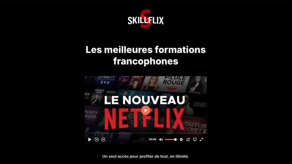Interface Skillflix de Jean-Marie Corda - Alternative spécialisée LiveMentor pour formations marketing digital et YouTube