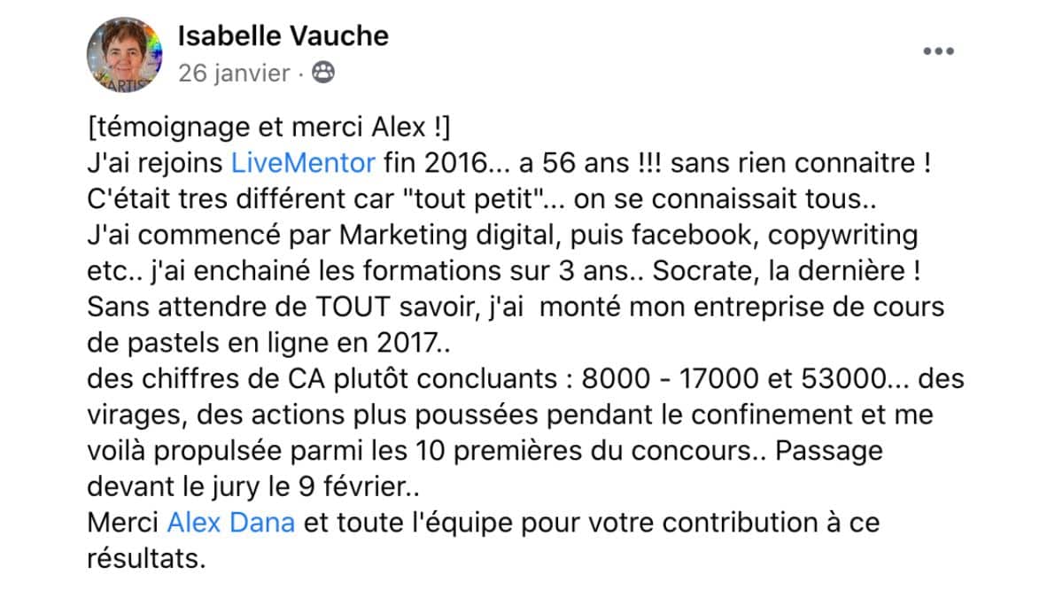 Avis positif LiveMentor - Témoignage d'Isabelle Vauche sur son succès entrepreneurial après formations marketing digital et copywriting