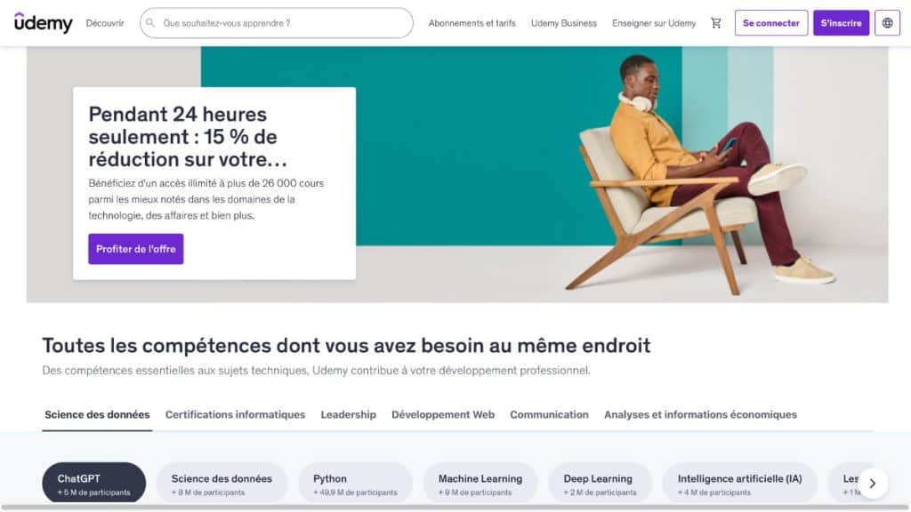 Page d'accueil Udemy avec promotion - Alternative économique à LiveMentor pour formations à petit prix