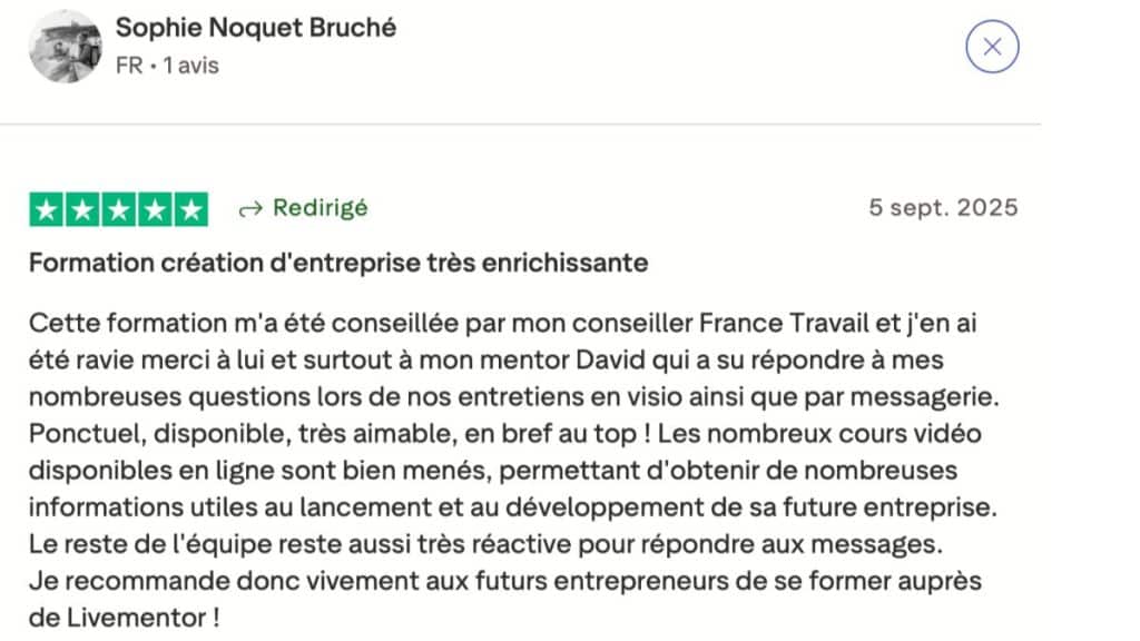 Témoignage 5 étoiles d'une apprenante LiveMentor ayant financé sa formation création d'entreprise avec le CPF et accompagnement France Travail