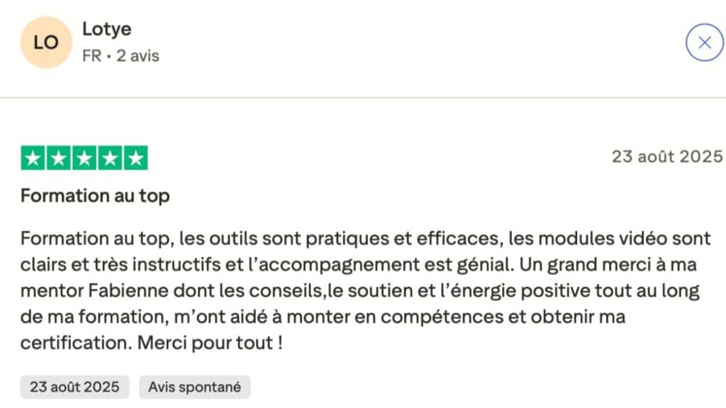 Avis excellent LiveMentor Trustpilot - Lotye recommande la formation avec accompagnement mentor Fabienne