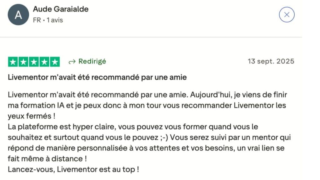 Recommandation concernant la qualité de la formation Livementor
