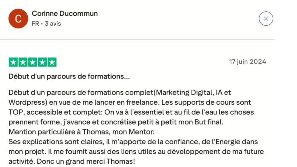 Avis 5 étoiles LiveMentor - Témoignage de Corinne sur sa formation Marketing Digital et lancement en freelance