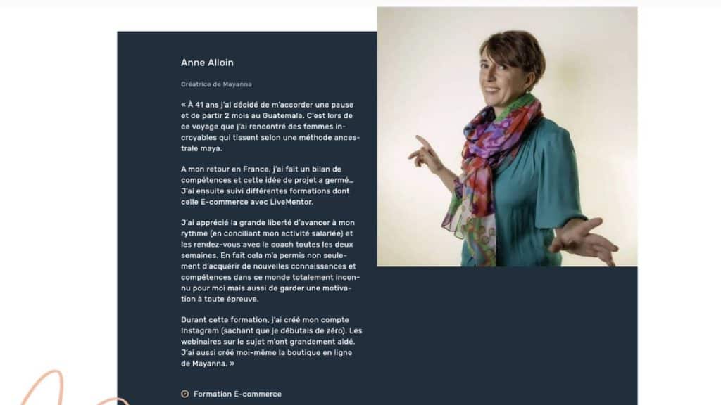 Anne Alloin, fondatrice de Mayanna, explique comment la formation e-commerce LiveMentor l’a aidée à lancer son projet artisanal après une reconversion.