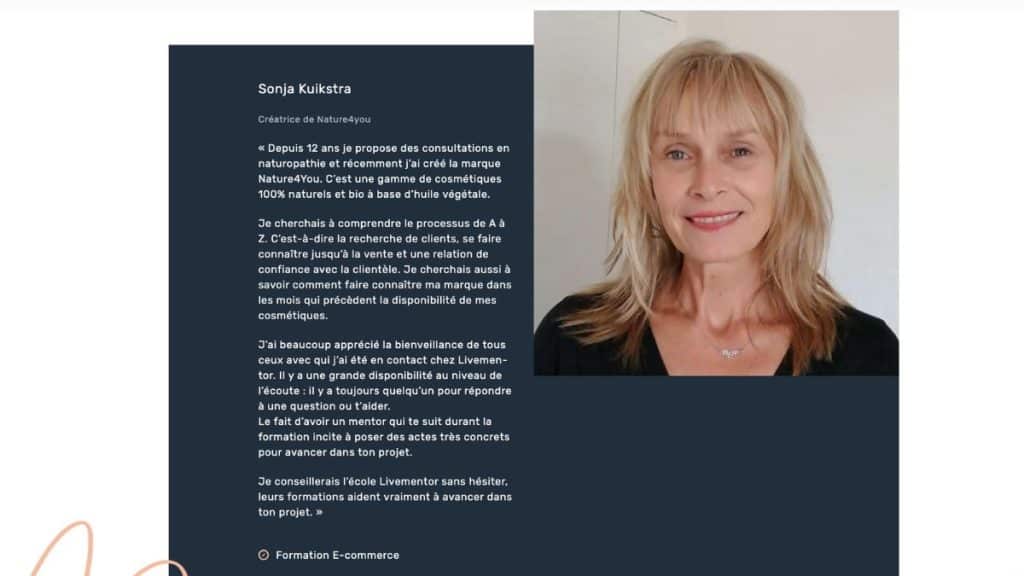 Sonja Kuikstra, créatrice de Nature4You, partage son expérience après la formation e-commerce LiveMentor et la création de sa marque de cosmétiques bio.