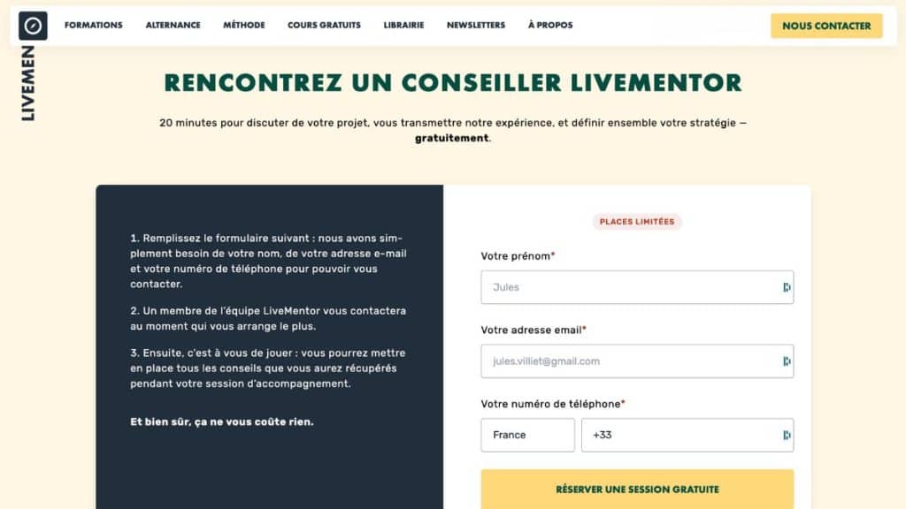 Formulaire de contact LiveMentor pour réserver une session gratuite avec un conseiller et préparer son dossier CPF