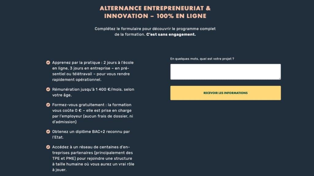 Avantages clés de la formation alternance entrepreneuriat en ligne :
apprentissage pratique, rémunération, diplôme reconnu, gratuité totale