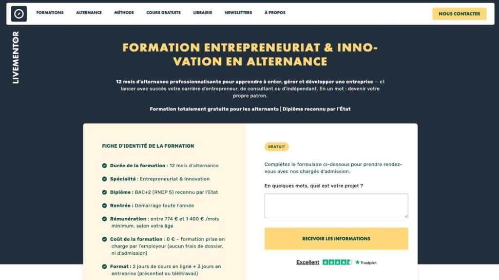 Fiche d'identité de la formation alternance entrepreneuriat LiveMentor :
12 mois, BAC+2 RNCP, rémunération 774-1400€, 0€ de frais
