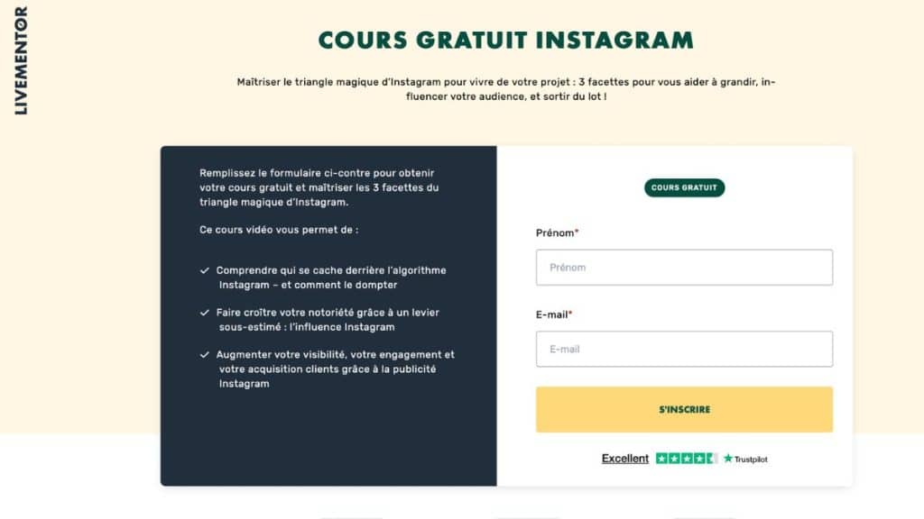 Formulaire inscription formation Instagram gratuite LiveMentor avec prénom et email