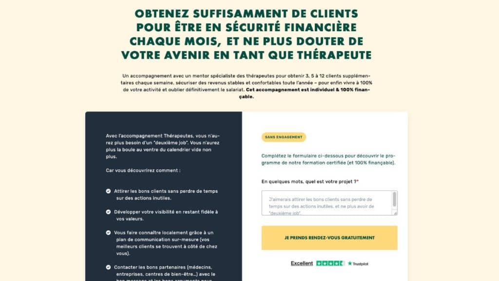 Page de présentation Formation Thérapeute LiveMentor avec titre Obtenez suffisamment de clients pour être en sécurité financière chaque mois, promesse d'accompagnement mentor spécialiste, formulaire de contact avec badge Trustpilot Excellent et mention sans engagement