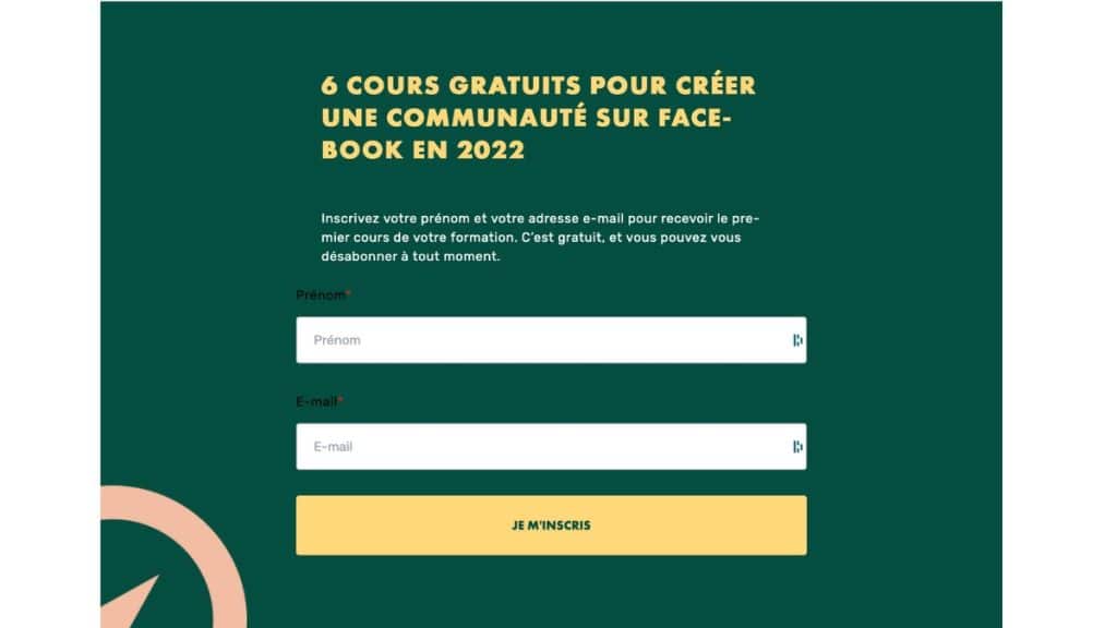 Formulaire d'inscription cours gratuit Facebook avec champs prénom et email sur fond vert LiveMentor