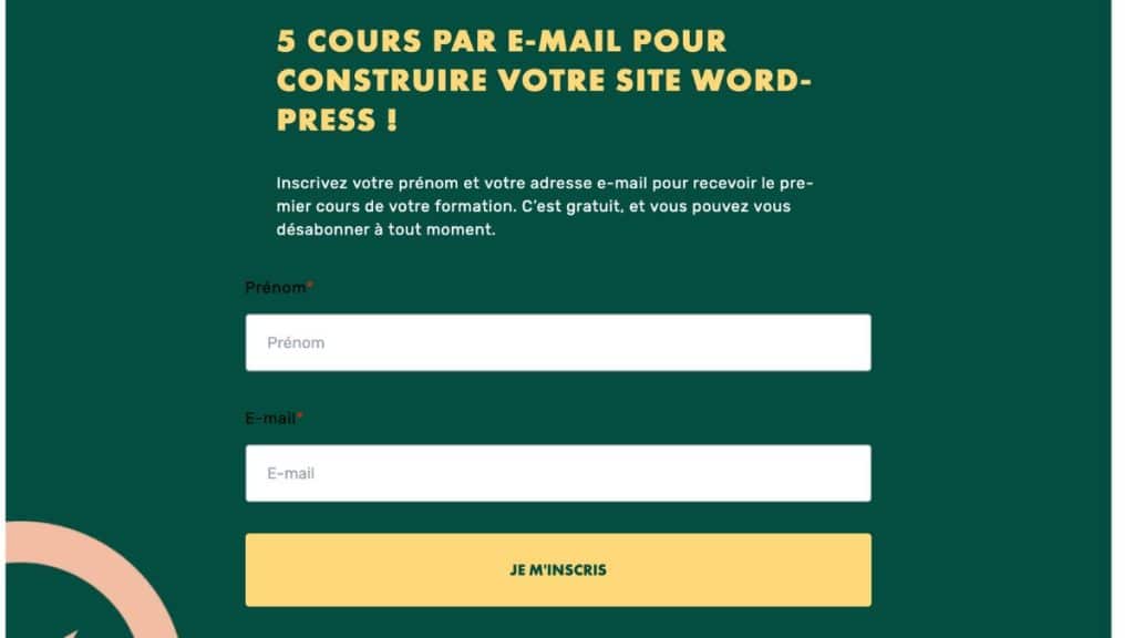Formulaire d'inscription cours gratuit WordPress LiveMentor avec champs prénom et email