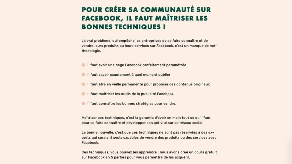 Liste des 5 techniques Facebook à maîtriser : page paramétrée, moment de publication, contenus originaux, publicité et stratégies de vente