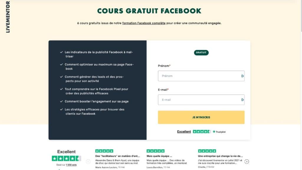 Page d'inscription à la meilleure formation Facebook gratuite (livementor)