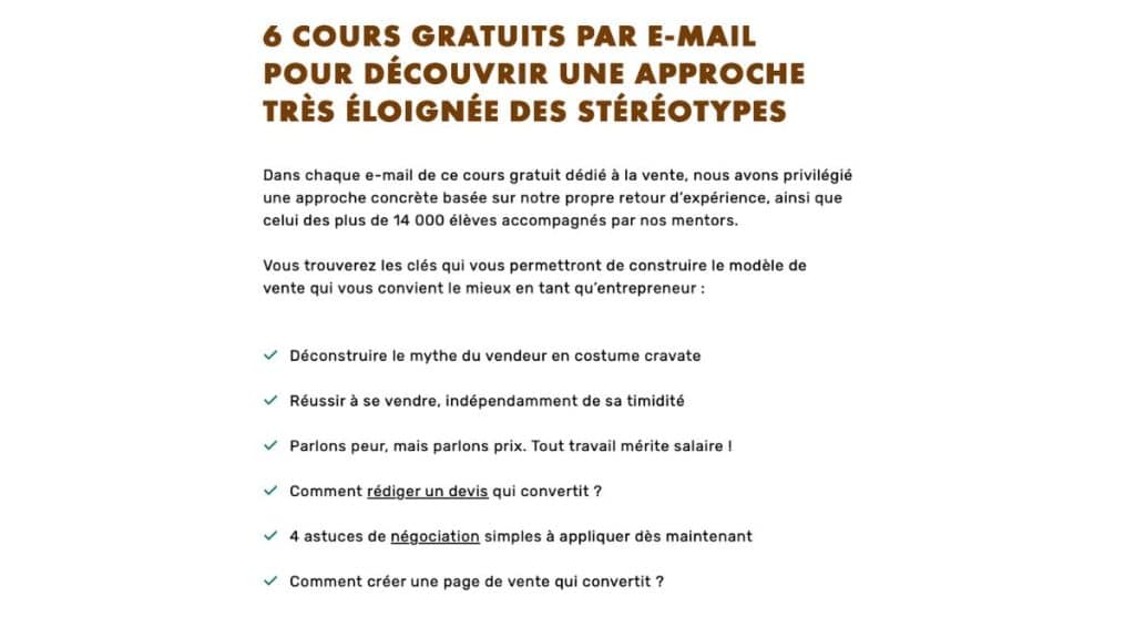 Tableau présentant les six cours de la formation gratuite sur la vente LiveMentor avec thème principal et objectif de chaque leçon﻿