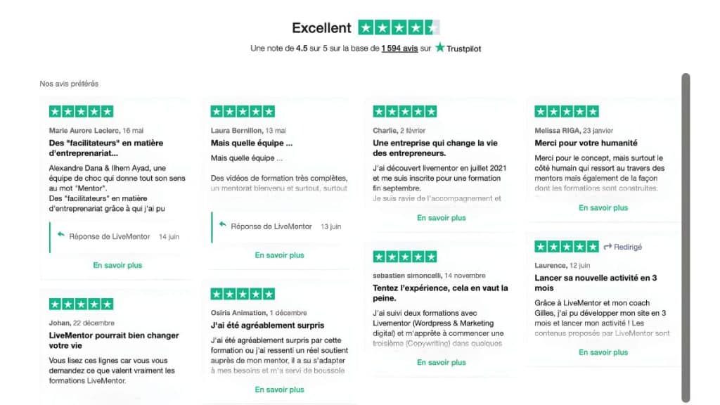 avis 5 étoiles laissés par des apprenants LiveMentor sur Trustpilot