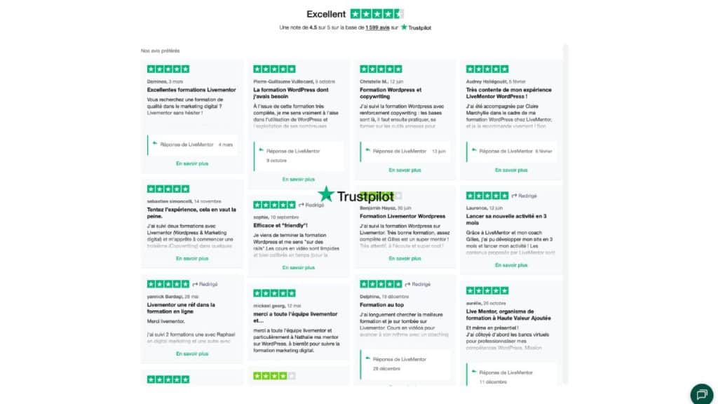 avis trustpilot formation freelance livementor 4,5 sur 5