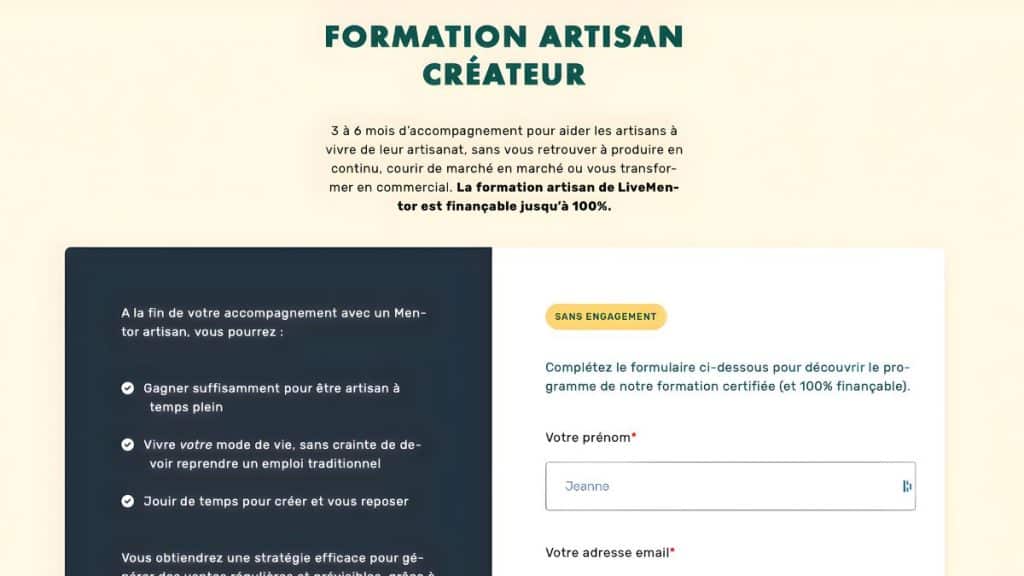 Formulaire de contact LiveMentor avec les promesses de la formation 