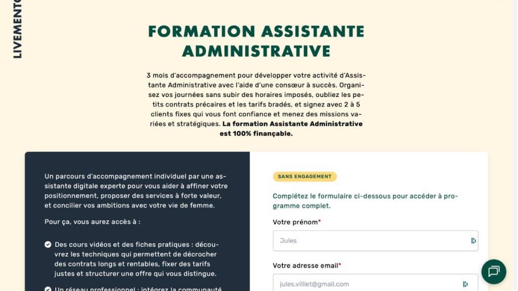 Page officielle de la formation Assistante Administrative LiveMentor – présentation du programme et formulaire d'inscription