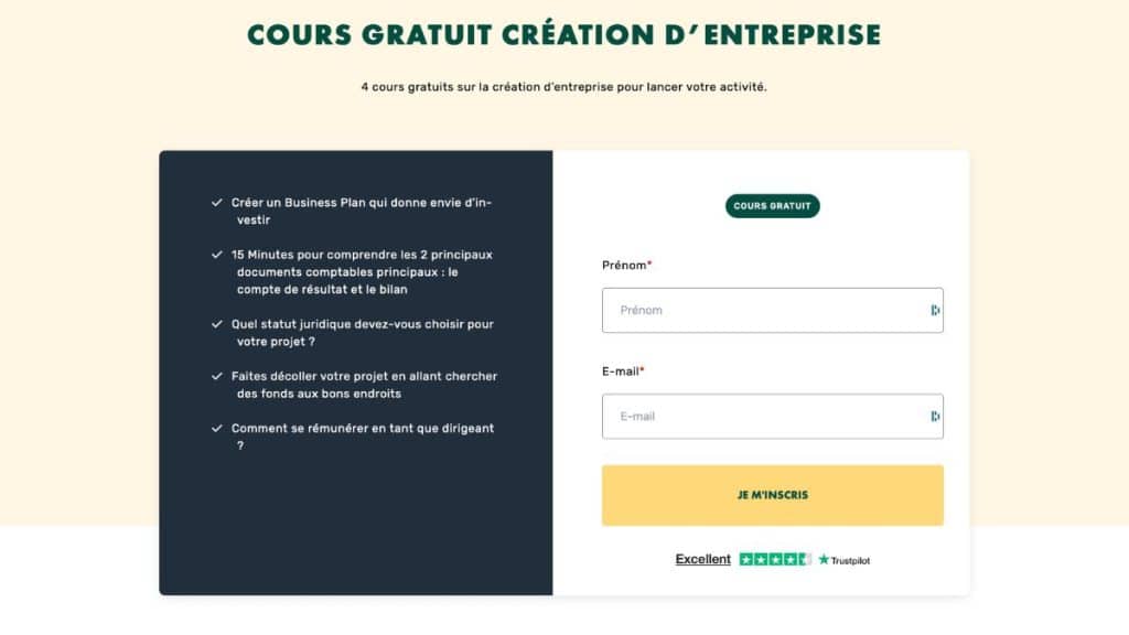 Page d'inscription au cours gratuit création d'entreprise de LiveMentor