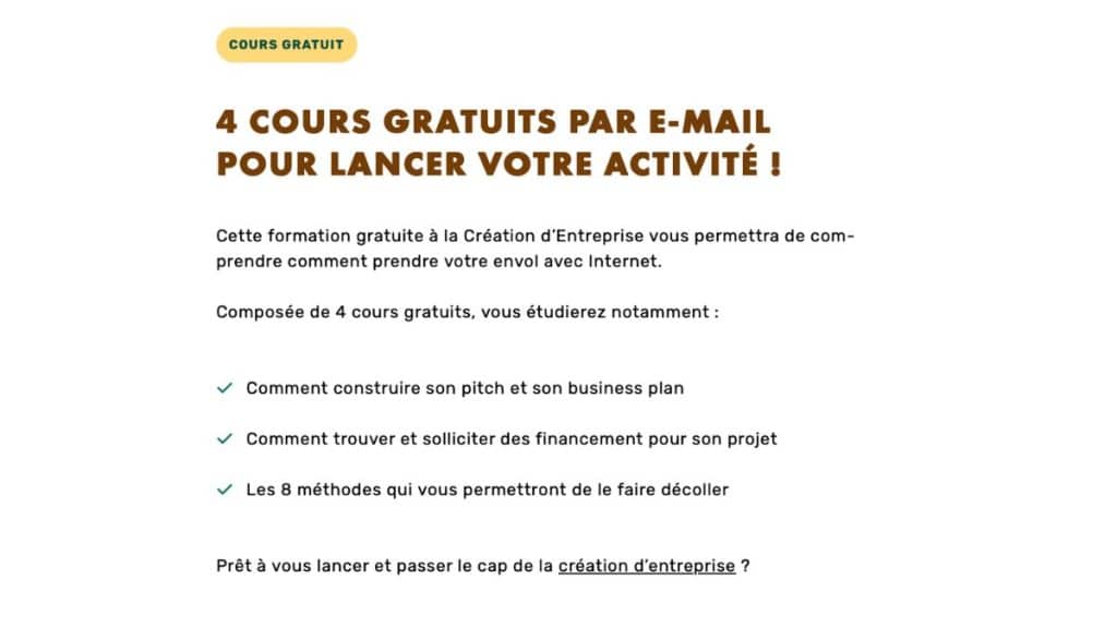 Contenu de la formation gratuite création d'entreprise LiveMentor : business plan, financement, 8 méthodes