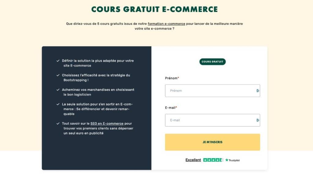 Accès au cours gratuit e-commerce LiveMentor – formulaire d'inscription prénom et e-mail