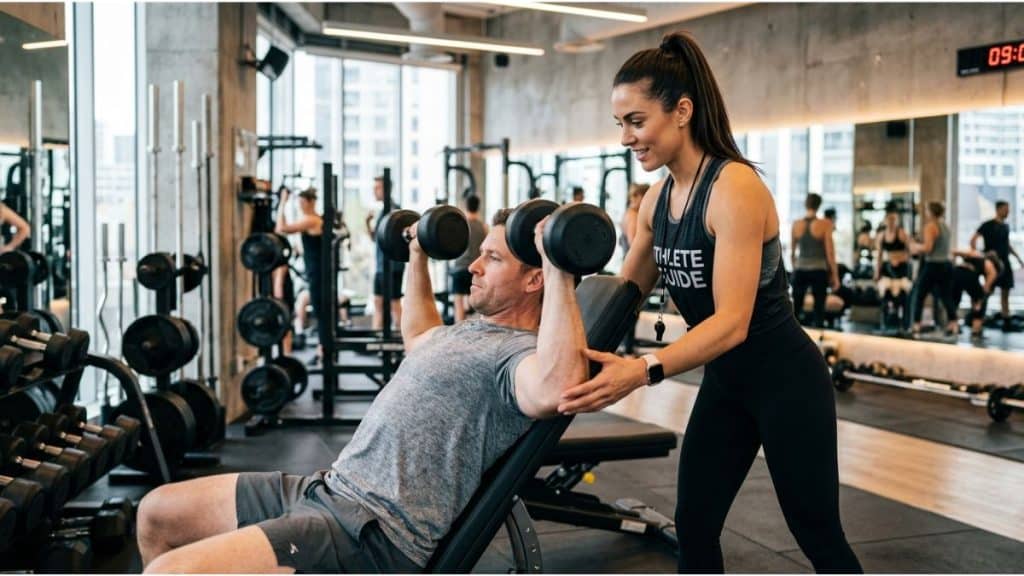 Coach sportive guidant un client lors d'un exercice de musculation en salle de fitness
