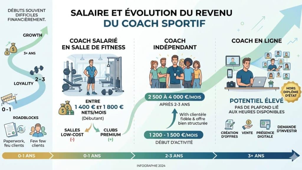 Infographie sur le salaire du coach sportif : de 1 400-1 800 €/mois en salle à 2 500-4 000 €/mois en indépendant après 2-3 ans