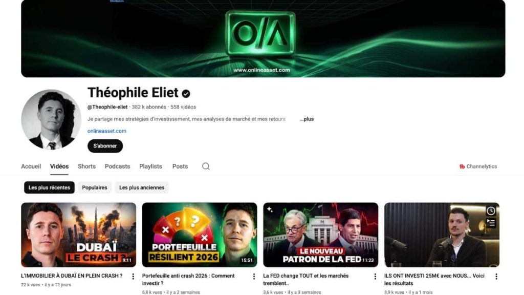 chaîne YouTube Théophile Eliet - 382 000 abonnés investissement et Online Asset