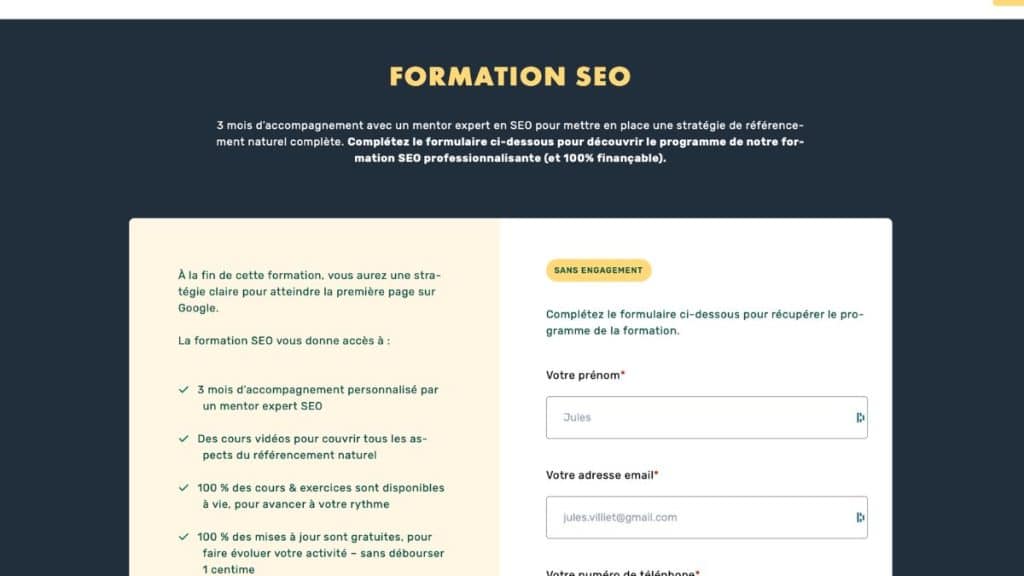 Page de présentation de la formation SEO LiveMentor avec mentorat de 3 mois