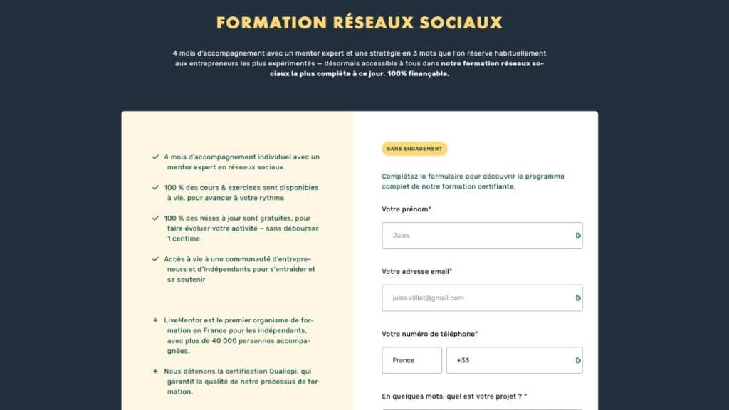 Page de présentation de la formation réseaux sociaux LiveMentor avec les points clés du programme et le formulaire d'inscription