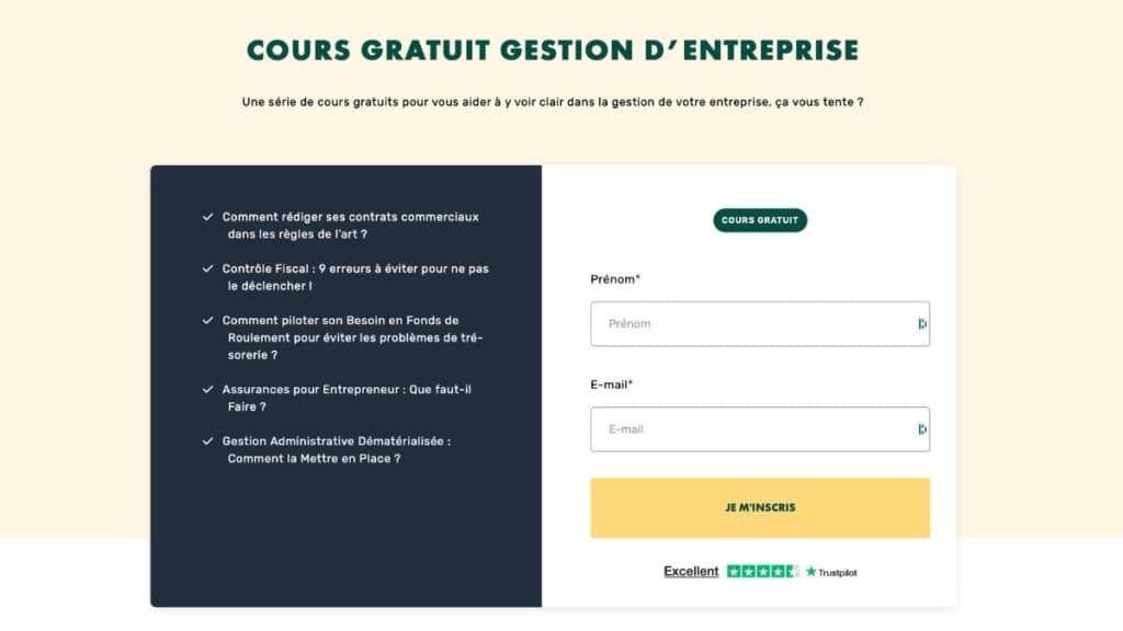 Formulaire d'inscription au cours gratuit gestion d'entreprise LiveMentor - 5 modules inclus : contrats commerciaux, contrôle fiscal, BFR, assurances et gestion dématérialisée